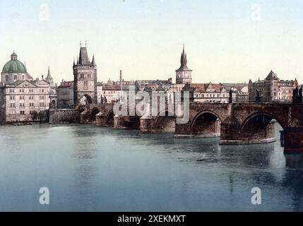 Die Karlsbrücke in Prag, Tschechische Republik, Historisch, digital restaurierte Reproduktion von einer Vorlage aus dem 19. Jahrhundert, Datum nicht angegeben Stockfoto