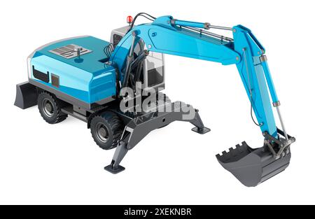 Blauer Bagger, 3D-Rendering isoliert auf transparentem Hintergrund Stockfoto