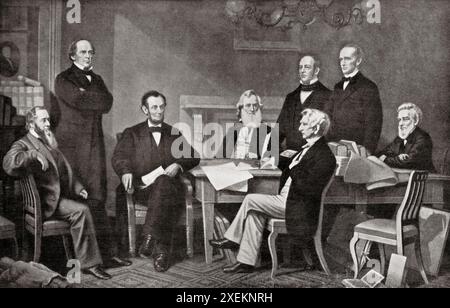 Erste Lesung der Emanzipationsproklamation von Präsident Lincoln, 1862. Von links nach rechts: Edwin Stanton, Kriegsminister, Salmon Chase, Finanzminister, Präsident Abraham Lincoln, Gideon Welles, Marineminister, Caleb B. Smith, Innenminister, William Seward, Staatssekretär, Montgomery Blair, Postmaster General, Edward Bates, Generalstaatsanwalt. Stockfoto