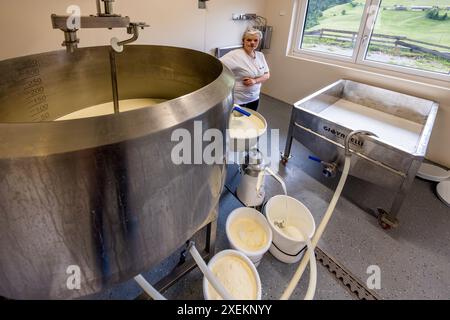 Auf ihrem eigenen Milchhof am Promegghof im Großartal, Salzburg, Österreich, produziert Bettina Huber verschiedene Käsesorten sowie Butter, Sahne, Joghurt und Eiscreme. Alle Produkte sind im Sommer auf der Filzmoosalm erhältlich. Eine Zentrifuge trennt hierfür die Sahne von der Vollmilch. Stockfoto