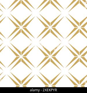 Abstraktes geometrisches Muster mit Kreuzen, Streifen, Linien. Nahtloser Vektorhintergrund. Weiße und goldene Blumenschmuck. Modernes, vernetztes Grafikdesign Stockfoto