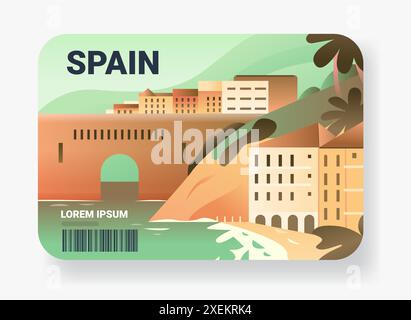 Spanien Küstenstadt mit Gebäuden Brücke und Palmen in lebhaften Farben Reiseziel Stock Vektor