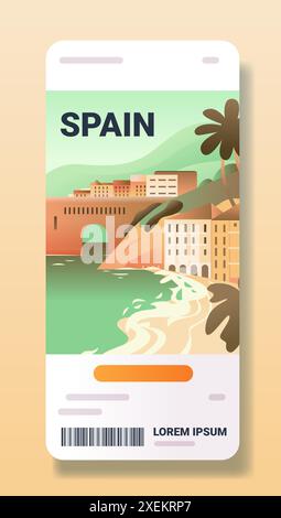 Spanien Fahrkarte Illustration Küstenstadt Bogenbrücke Strand Palmen Stock Vektor