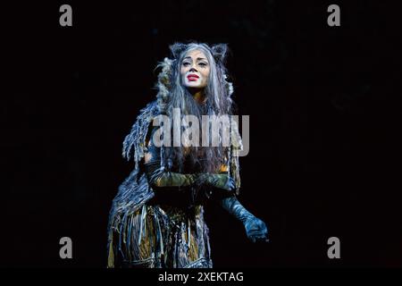 Nicole Scherzinger (Grizabella) in CATS at the London Palladium, London W1 11/12/2014, basierend auf T. S. Eliots 'Old Possum's Book of Practical Cats' Komponist: Andrew Lloyd Webber Design: John Napier Associate Director & Choreograph: Gillian Lynne Regisseur Trevor Nunn Stockfoto