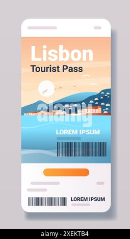 Lissabon Touristenpass Design mit malerischer Landschaft Meer Berge Gebäude Sonnenvögel Barcode Stock Vektor