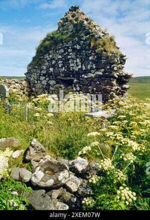 Sehen Sie NE mit einem Steinbecken mit Münzen und dem östlichen Giebel der Trumpan Church (Cille Conain), Ardmore Bay, Waternish, Isle of Skye, Schottland, UK Stockfoto