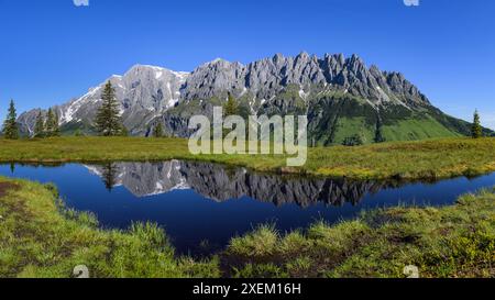 Der Hochkoenig an einem sonnigen Sommertag, blauer Himmel, Reflexion in einem kleinen Teich Mühlbach am Hochkönig Österreich Stockfoto