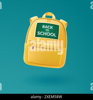 Zurück zur Schule. Gelber Rucksack im 3D-Stil mit einem Element in Form eines Schulbretts. Vektorabbildung. Stock Vektor