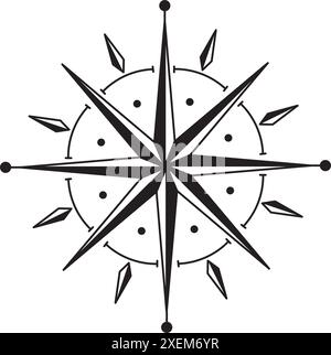 Vektorillustration der Kompassrose. Lineare Zeichnung von Meeresnavigationselementen für die nautische Planung und Reiseplanung. Ätzen von Retro-Zeichen für Karten auf isoliertem Hintergrund. Outline-Objekt in Vintage-Schwarz. Stock Vektor