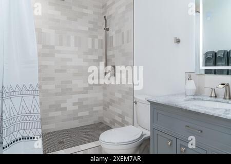 Modernes Bad in weiß mit grauer Dusche, bemalter Holzschrank und Marmorwaschbecken Stockfoto