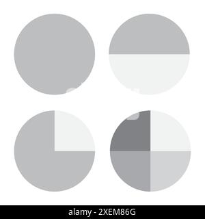 Einfarbige Kreissymbole. Vier verschiedene Abteilungen. Grau- und Weißtöne. Geometrische Vektorformen. Stock Vektor