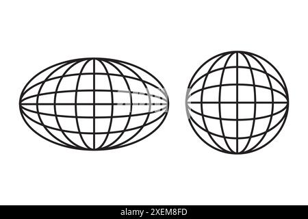 Globus-Rastersymbole. Elliptische und runde Formen. Schwarzes Liniendesign. Isolierte Vektordarstellung. Stock Vektor