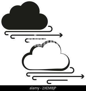 Wolke mit Windsymbolen. Schwarz-weiße Wettersymbole. Vektorillustrationssatz. Stock Vektor