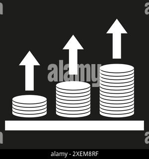 Steigende Münzstapel. Symbol für Wachstum und Fortschritt. Weiße Pfeile auf Schwarz. Konzept der finanziellen Erhöhung. Stock Vektor