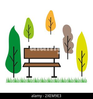 Abbildung der Parkbank. Herbstbaumsymbol. Farbenfrohe Naturszene. Vektorlandschaft. Stock Vektor