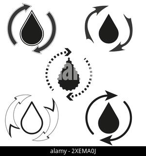 Wassertropfensymbole. Kreisförmige Pfeilsymbole. Einfarbige Designelemente. Konzept für das Recycling von Flüssigkeiten. Stock Vektor