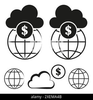 Symbol „Global Finance“. Wolke mit Dollarsymbol. Weltwirtschaftsvektor. Währungsumtauschkonzept. Stock Vektor