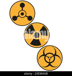 Warnschilder. Chemisch, radioaktiv, biologisch gefährlich. Gelber Kreisvektor. Sicherheitssymbolsatz. Stock Vektor