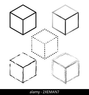 Symbole für Cube-Kontur. Geometrische 3D-Formen. Verschiedene Linienarten. Minimalistisches Vektorset. Stock Vektor