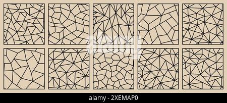Sammlung nahtloser geometrischer polygonaler Muster des Vektors. Beige abstrakte ornamentale Hintergründe. Schwarzweißmosaik Stock Vektor