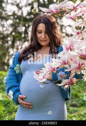 Porträt einer niedlichen schwangeren Frau im Park, gekleidet in einem blauen Kleid zwischen Magnoli-Blumen. Die werdende Mutter schaut zärtlich auf ihre schwangere Glocke Stockfoto