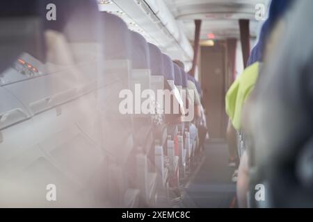 Die Menschen sitzen mit dem Rücken zur Kamera in der Kabine eines Passagierflugzeugs mit Sitzreihen entlang des Ganges. Tageslicht in der Kabine des Flugzeugs. Mit Platz zum Kopieren. Hochwertige Fotos Stockfoto