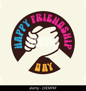 Happy Friendship Day Bunte Typografie mit einer Handshake Vektor Illustration. Aufkleber, Etikett, Emblem, Logo. Miteinander, Partnerschaft Stock Vektor
