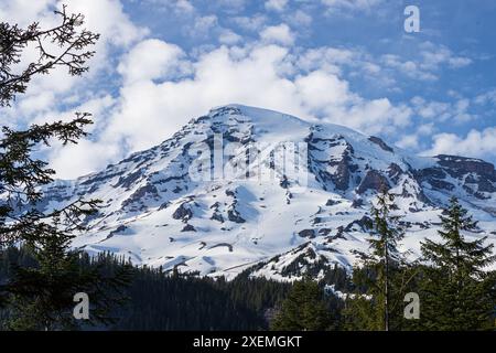 Mount Rainier mit blauem Himmel, weißen Wolken und Bäumen Stockfoto