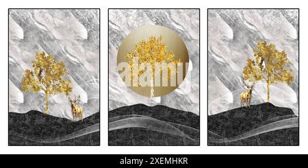 3 Wandbilder aus Marmor. Goldener Baum und Hirsch mit schwarzen Bergen. Abstrakte Wanddekor 3 Stück, 3D-Geometrie, 3D-Illustration, abstrakt, Stockfoto