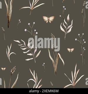 Aquarell nahtloses Muster florales zartes Pastell Vintage-Grün-Violett-Braun-Bouquet. Handgezeichnete Illustration isoliert auf weißem Hintergrund. Wiederholen Stockfoto