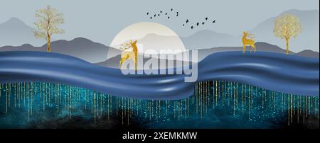 Blaue Bäume mit goldenen, türkisfarbenen, schwarzen und grauen Steinen Marmor im nächtlichen Hintergrund mit Mond und Hirsch. 3D-Illustration Tapete Landschaftsmalerei Stockfoto