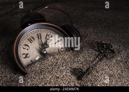 Wecker im Sand vergraben. Zeit ist Geld Stockfoto