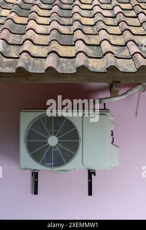 Klimaanlage außen mit Rohranschluss Home Unit unter Dachziegeln Stockfoto