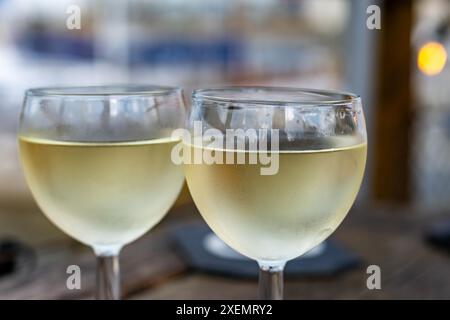 Verkostung von Bordeaux-Weißwein, rechtes Ufer der Gironde-Mündung, Frankreich. Gläser weißen, süßen französischen Weines, serviert im Außenrestaurant, Austern Farm Stockfoto