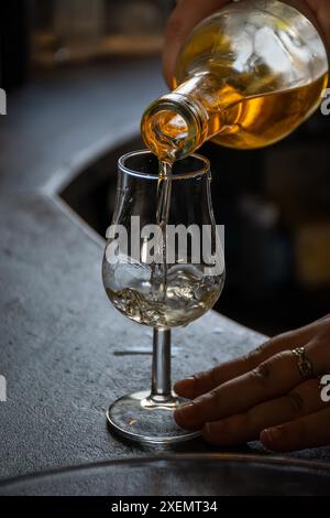 Verkostung von Cognac-Spirituosen, die in alten dunklen französischen Eichenfässern gereift sind, im Keller in Destillerie Haus, Cognac Weißweinregion, Charente, Segonzac, Grand Champa Stockfoto