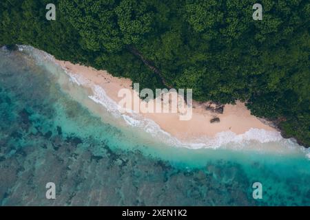 Aus der Vogelperspektive auf die Küste und Stufen, die zum Sand und Wasser am Green Bowl Beach in Bali, Indonesien, führen Stockfoto