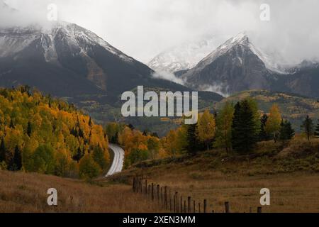 Während des saisonalen Wandels gibt es in Colorado reichlich Herbstfarben. Leuchtend gelbe Blätter zieren die Bäume, so weit Sie sehen. Ein wunderschöner Zustand, um zu fahren... Stockfoto