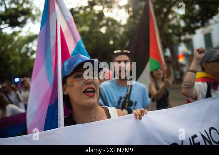 Malaga, Spanien. Juni 2024. Eine Demonstrantin, deren Gesicht mit der Farbe der LGTBIQ-Stolz-Flagge gemalt ist, sieht bei einem Protest zur Feier des Internationalen LGTBIQ-Stolz-Tages Slogans schreien. Hunderte von Menschen sind in der Innenstadt marschiert, um am „Critical Pride“ gegen „Pink Waschen“ teilzunehmen und die Menschenrechte der LGTBIQ-Gemeinschaft zu unterstützen. Alle 28. Juni gedenken Schwule, Lesben, Bisexuelle und Transsexuelle an die Demonstrationen von Stonewall zugunsten der Rechte der LGTBI-Gemeinschaft. Quelle: SOPA Images Limited/Alamy Live News Stockfoto