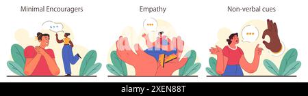 Aktives Zuhören. Aufmerksamer Geschäftscharakter oder Entwicklung von Soft Skills für Mitarbeiter. Konversation, Verhandlung, emotionale Intelligenz und Teamarbeit. Illustration des flachen Vektors Stock Vektor