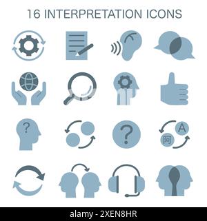 Symbolsatz für Interpretation. Datenkompetenz. Informationen verstehen, analysieren und nutzen. Prozess der Erläuterung und Konvertierung von Informationen. Illustration des flachen Vektors Stock Vektor