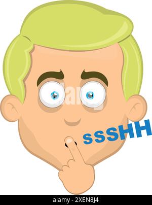 Vektor-Illustration Gesicht Mann Cartoon blonde und blaue Augen, bittet um Stille mit dem Zeigefinger der Hand Stock Vektor