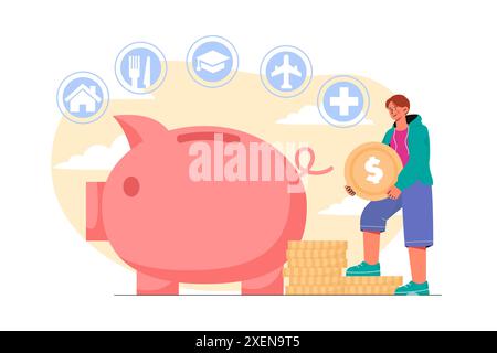 Mann mit Budget. Der Kerl steht mit Münze in der Nähe von Schweinebank. Finanzkompetenz und passives Einkommen. Bewertung des Budgets und der Einsparungen. Budgetierung und Stock Vektor