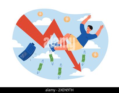 Mann mit Konkurs. Der Junge fällt in den Himmel. Wirtschaftskrise und Rezession. Geschäftsmann mit Geschäftsproblemen, gescheiterter Unternehmer. Cartoon Flat Stock Vektor