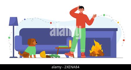 Mann mit frechem Hund. Ein Typ zu Hause mit einem Welpen in der Nähe eines kaputten Blumentopfes. Ein verspielter Hündchen hat Chaos und Chaos im Zimmer verursacht. Unglücklicher Besitzer im schmutzigen Zimmer. Cartoon Stock Vektor