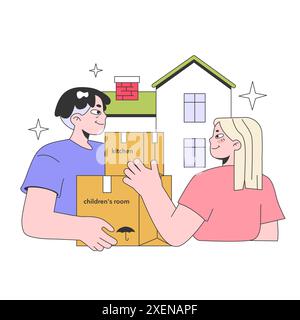 Ein junges Paar zieht in ein neues Haus. Glückliche Liebhaber, Mann und Frau mit ihren Sachen in Pappkartons. Umzug der Familie in ein anderes Anwesen. Illustration des flachen Vektors Stock Vektor