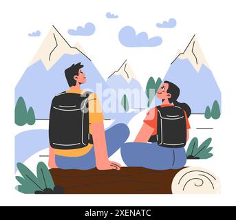 Bergsteigen. Bergsteiger mit Rucksäcken während des Naturabenteuers. Menschen klettern auf Felswänden, sitzen am Lagerfeuer und wandern in den Hügeln. Illustration des flachen Vektors Stock Vektor