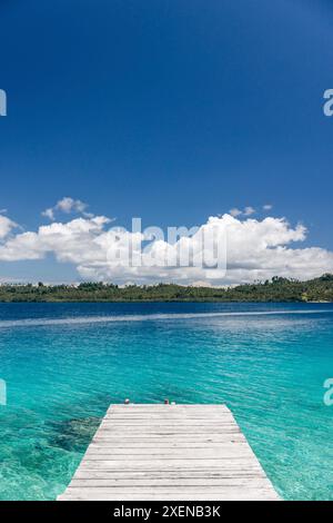 Der Pier führt zu klarem Meerwasser mit Algen entlang der Küste der Insel Bolilanga auf den Togean-Inseln Indonesiens Stockfoto