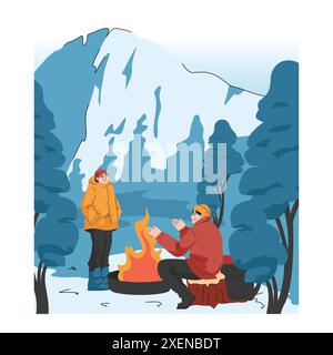 Bergsteigen. Bergsteiger mit Rucksäcken während des Naturabenteuers. Menschen klettern auf Felswänden, sitzen am Lagerfeuer und wandern in den Hügeln. Illustration des flachen Vektors Stock Vektor