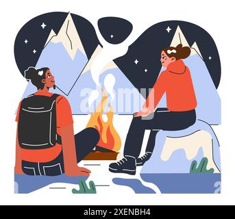 Bergsteigen. Bergsteiger mit Rucksäcken während des Naturabenteuers. Menschen klettern auf Felswänden, sitzen am Lagerfeuer und wandern in den Hügeln. Illustration des flachen Vektors Stock Vektor