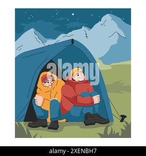 Bergsteigen. Bergsteiger mit Rucksäcken während des Naturabenteuers. Leute, Freunde wandern, sitzen im Zelt und blicken auf den Nachthimmel. Illustration des flachen Vektors Stock Vektor